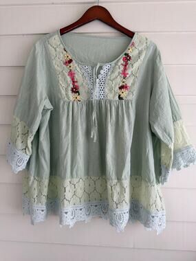 Handmade Embroidered Lace Peasant Blouse Celery Green Fairy Cottagecore Boho L